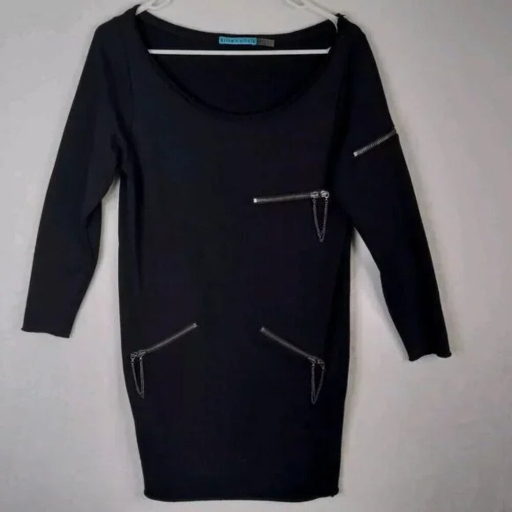 (SALE) Alice + Olivia Boat Neck Solid Black Zipper Detail Mini Dress